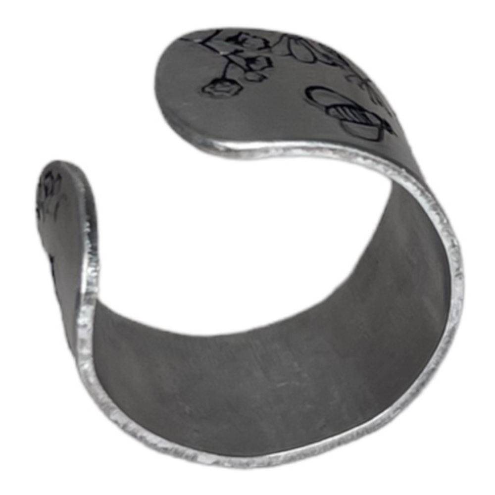 Handmade 9 stamped bee & floral pattern silver‎ hypoallergenic wide cuff ring - Picture 5 of 7